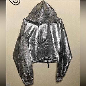 VINTAGE Y2K VON DUTCH CROPPED SILVER METALLIC HOODIE SZ LG UNISEX